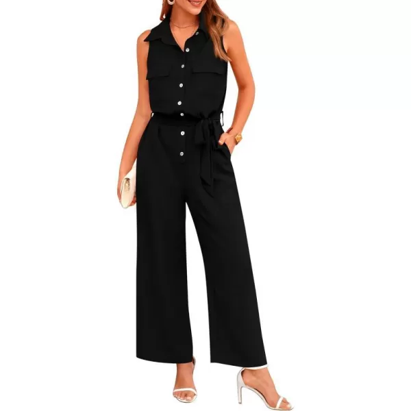 imagePRETTYGARDEN Womens Summer Jumpsuits Dressy Casual Sleeveless Button Up Belted Long Pants RompersBlack