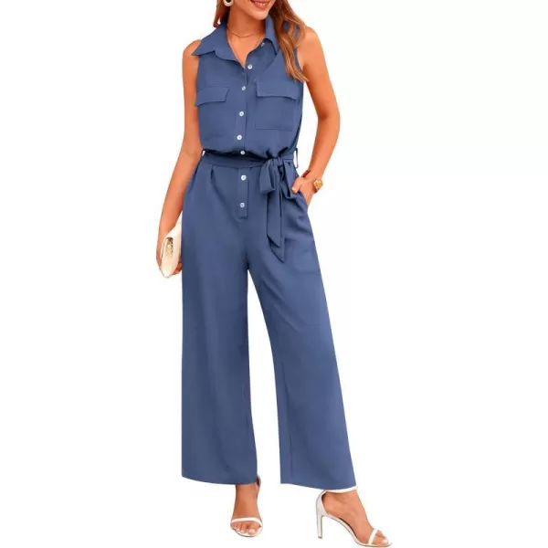 imagePRETTYGARDEN Womens Summer Jumpsuits Dressy Casual Sleeveless Button Up Belted Long Pants RompersGrey Blue