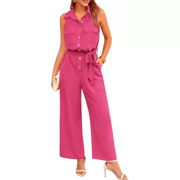 imagePRETTYGARDEN Womens Summer Jumpsuits Dressy Casual Sleeveless Button Up Belted Long Pants RompersRose Red