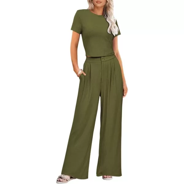 imagePRETTYGARDEN Womens Summer Knit 2 Piece Outfit Short Sleeve Crop Tee Tops Wide Leg Pants Set Tracksuit LoungewearArmy Green