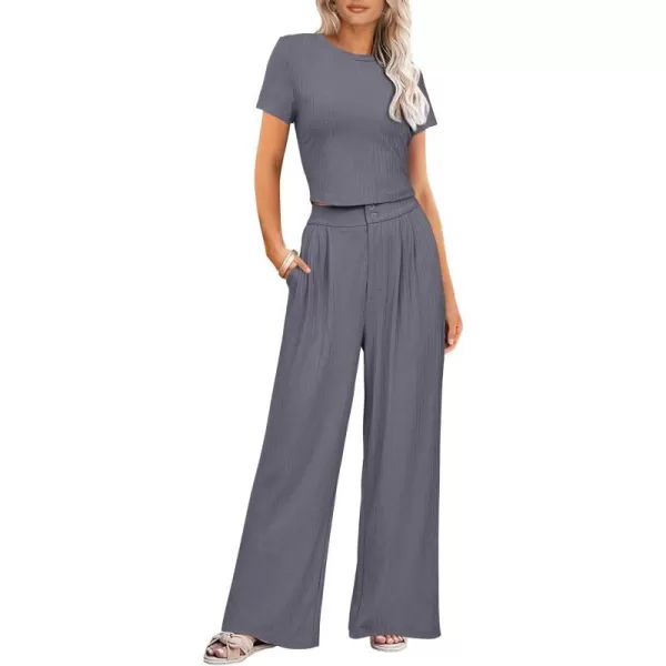 imagePRETTYGARDEN Womens Summer Knit 2 Piece Outfit Short Sleeve Crop Tee Tops Wide Leg Pants Set Tracksuit LoungewearDark Grey