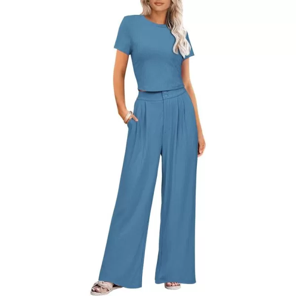 imagePRETTYGARDEN Womens Summer Knit 2 Piece Outfit Short Sleeve Crop Tee Tops Wide Leg Pants Set Tracksuit LoungewearLake Blue