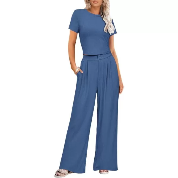 imagePRETTYGARDEN Womens Summer Knit 2 Piece Outfit Short Sleeve Crop Tee Tops Wide Leg Pants Set Tracksuit LoungewearNavy Blue
