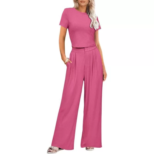 imagePRETTYGARDEN Womens Summer Knit 2 Piece Outfit Short Sleeve Crop Tee Tops Wide Leg Pants Set Tracksuit LoungewearRose Pink