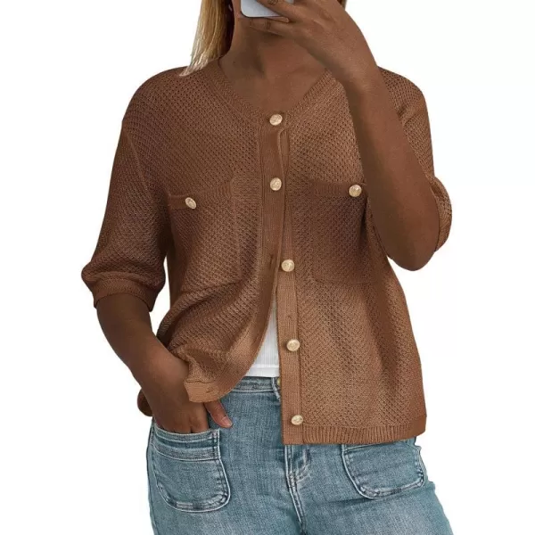 imagePRETTYGARDEN Womens Summer Knit Blouse Top Casual Crewneck Button Down Short Sleeve Cardigan Pocket T ShirtsBrown