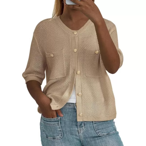 imagePRETTYGARDEN Womens Summer Knit Blouse Top Casual Crewneck Button Down Short Sleeve Cardigan Pocket T ShirtsKhaki