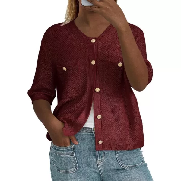imagePRETTYGARDEN Womens Summer Knit Blouse Top Casual Crewneck Button Down Short Sleeve Cardigan Pocket T ShirtsWine Red