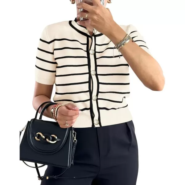 imagePRETTYGARDEN Womens Summer Knit Tops Short Sleeve Crewneck Button Down Striped Shirts Dressy Casual Cute Ladies BlousesApricot