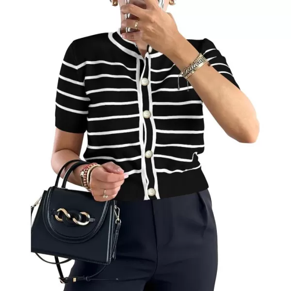 imagePRETTYGARDEN Womens Summer Knit Tops Short Sleeve Crewneck Button Down Striped Shirts Dressy Casual Cute Ladies BlousesBlack
