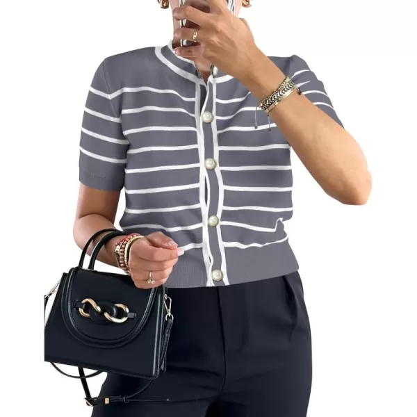 imagePRETTYGARDEN Womens Summer Knit Tops Short Sleeve Crewneck Button Down Striped Shirts Dressy Casual Cute Ladies BlousesGrey