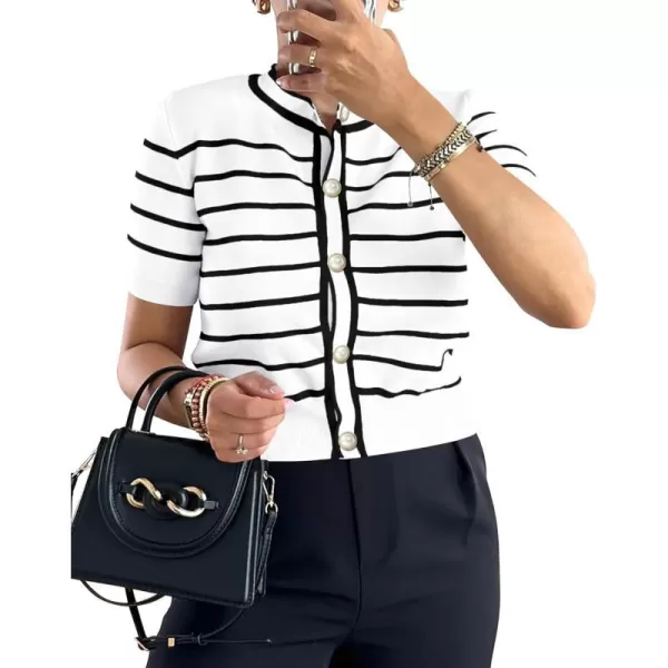 imagePRETTYGARDEN Womens Summer Knit Tops Short Sleeve Crewneck Button Down Striped Shirts Dressy Casual Cute Ladies BlousesWhite
