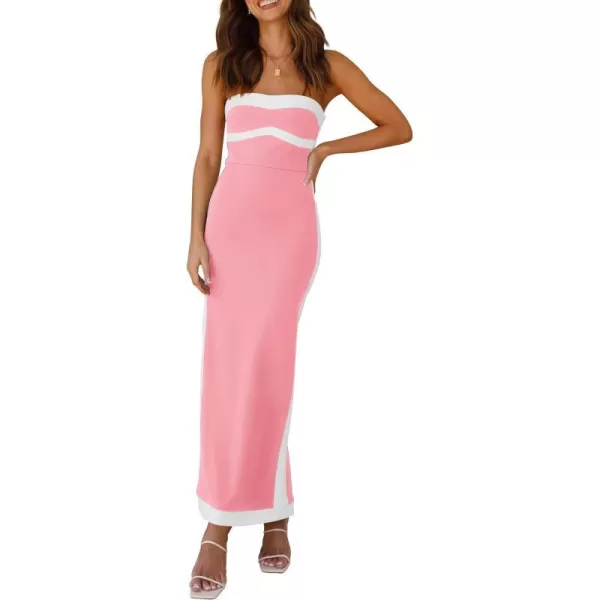 imagePRETTYGARDEN Womens Summer Long Bodycon Dress Sexy Strapless Back Slit Cocktail Party Tube Maxi DressesPink