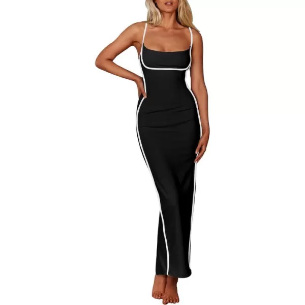 imagePRETTYGARDEN Womens Summer Long Bodycon Dress Spaghetti Strap Sleeveless Back Slit Maxi DressesBlack