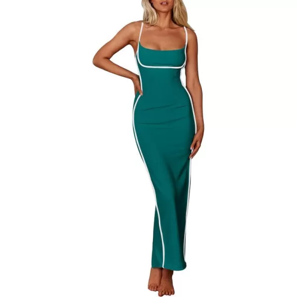 imagePRETTYGARDEN Womens Summer Long Bodycon Dress Spaghetti Strap Sleeveless Back Slit Maxi DressesBlue Green