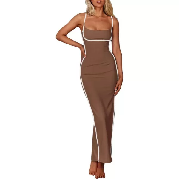 imagePRETTYGARDEN Womens Summer Long Bodycon Dress Spaghetti Strap Sleeveless Back Slit Maxi DressesKhaki