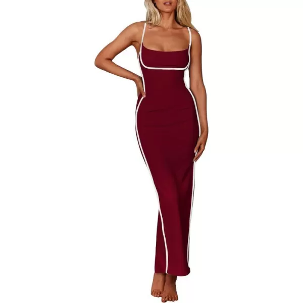 imagePRETTYGARDEN Womens Summer Long Bodycon Dress Spaghetti Strap Sleeveless Back Slit Maxi DressesWine Red