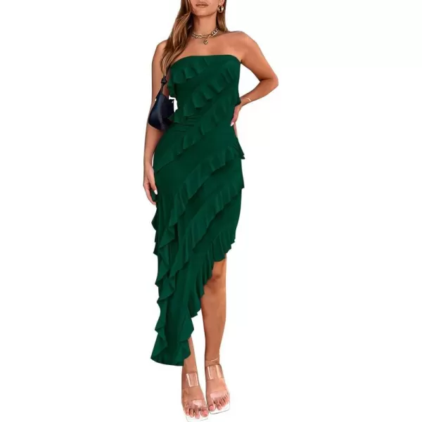 imagePRETTYGARDEN Womens Summer Long Formal Cocktail Dress Strapless Tube Asymmetrical Ruffle Maxi Bodycon DressesDark Green