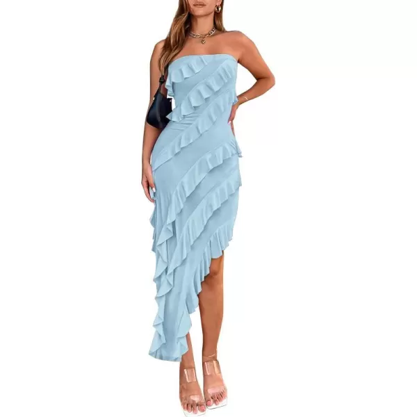 imagePRETTYGARDEN Womens Summer Long Formal Cocktail Dress Strapless Tube Asymmetrical Ruffle Maxi Bodycon DressesLight Blue
