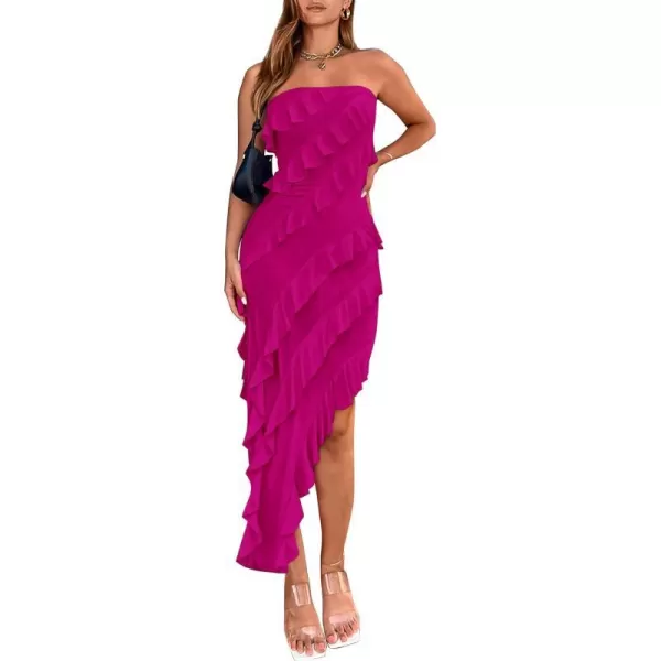 imagePRETTYGARDEN Womens Summer Long Formal Cocktail Dress Strapless Tube Asymmetrical Ruffle Maxi Bodycon DressesRose Red
