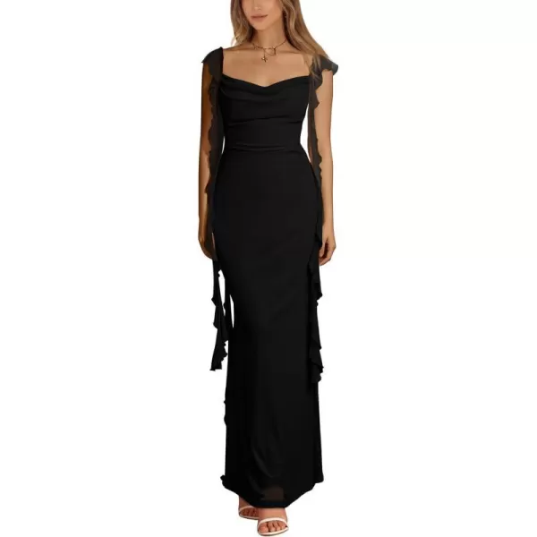imagePRETTYGARDEN Womens Summer Long Formal Wedding Guest Dress Sleeveless Ruffle Cocktail Party Maxi Bodycon DressesBlack
