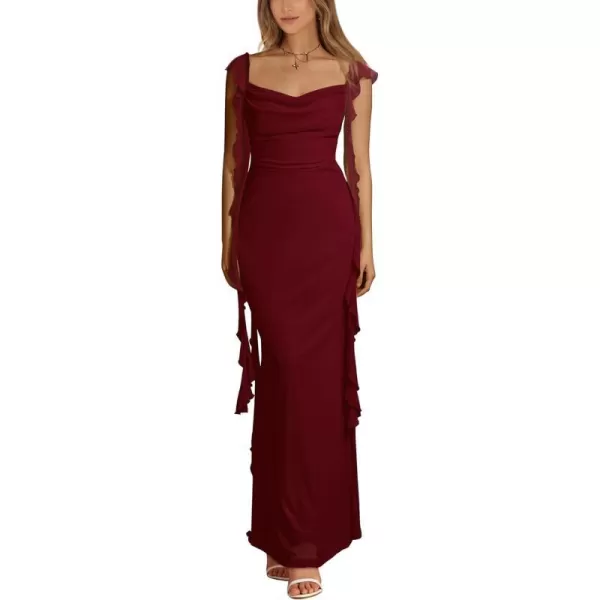imagePRETTYGARDEN Womens Summer Long Formal Wedding Guest Dress Sleeveless Ruffle Cocktail Party Maxi Bodycon DressesWine Red