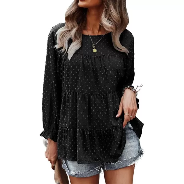 imagePRETTYGARDEN Womens Summer Loose Chiffon Blouse Mesh Long Sleeve Casual Round Neck Peplum TopsBlack