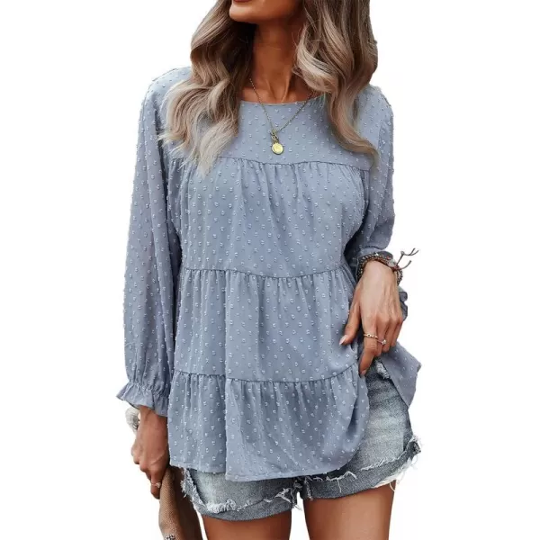 imagePRETTYGARDEN Womens Summer Loose Chiffon Blouse Mesh Long Sleeve Casual Round Neck Peplum TopsBlue