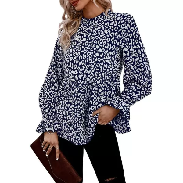 imagePRETTYGARDEN Womens Summer Loose Chiffon Blouse Mesh Long Sleeve Casual Round Neck Peplum TopsBlue White Leopard