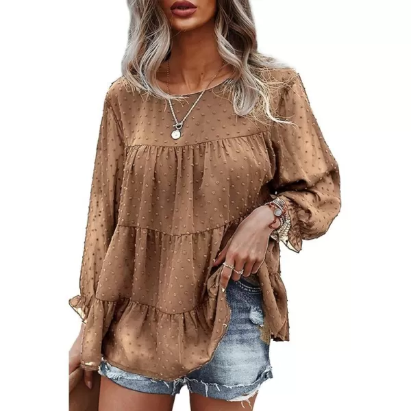 imagePRETTYGARDEN Womens Summer Loose Chiffon Blouse Mesh Long Sleeve Casual Round Neck Peplum TopsBrown