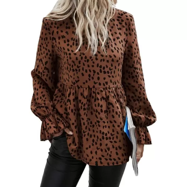 imagePRETTYGARDEN Womens Summer Loose Chiffon Blouse Mesh Long Sleeve Casual Round Neck Peplum TopsBrown Black