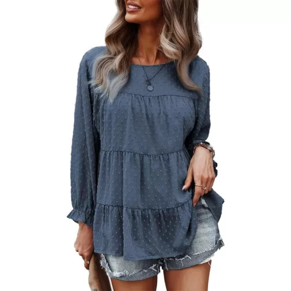 imagePRETTYGARDEN Womens Summer Loose Chiffon Blouse Mesh Long Sleeve Casual Round Neck Peplum TopsDark Blue Grey