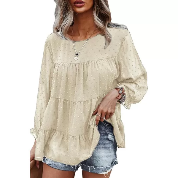 imagePRETTYGARDEN Womens Summer Loose Chiffon Blouse Mesh Long Sleeve Casual Round Neck Peplum TopsLight Apricot