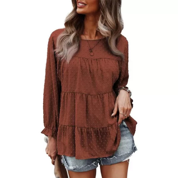imagePRETTYGARDEN Womens Summer Loose Chiffon Blouse Mesh Long Sleeve Casual Round Neck Peplum TopsOrange