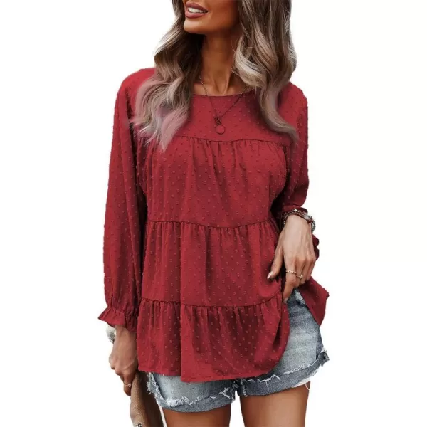 imagePRETTYGARDEN Womens Summer Loose Chiffon Blouse Mesh Long Sleeve Casual Round Neck Peplum TopsRed