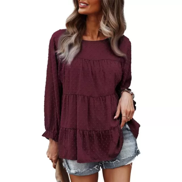 imagePRETTYGARDEN Womens Summer Loose Chiffon Blouse Mesh Long Sleeve Casual Round Neck Peplum TopsWine Red