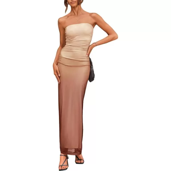 imagePRETTYGARDEN Womens Summer Maxi Bodycon Dresses Strapless Tube Top Printed Long Party Club Slit DressGradient Apricot Brown