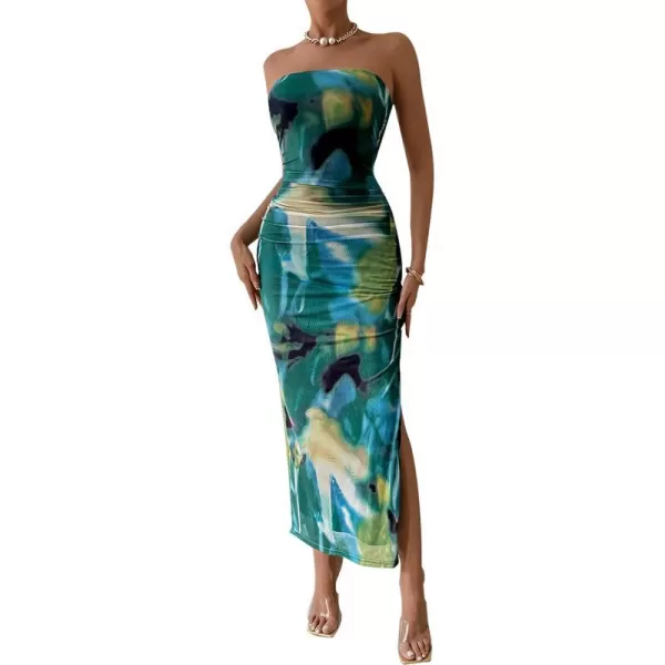 imagePRETTYGARDEN Womens Summer Maxi Bodycon Dresses Strapless Tube Top Printed Long Party Club Slit DressPrint Green