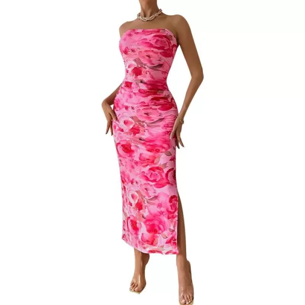 imagePRETTYGARDEN Womens Summer Maxi Bodycon Dresses Strapless Tube Top Printed Long Party Club Slit DressPrint Pink