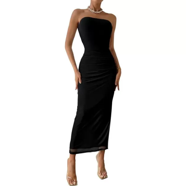 imagePRETTYGARDEN Womens Summer Maxi Bodycon Dresses Strapless Tube Top Printed Long Party Club Slit DressSolid Black