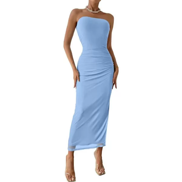imagePRETTYGARDEN Womens Summer Maxi Bodycon Dresses Strapless Tube Top Printed Long Party Club Slit DressSolid Light Blue