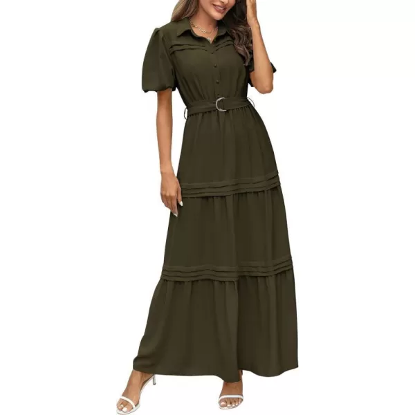 imagePRETTYGARDEN Womens Summer Maxi Dress Puff Short Sleeve Lapel V Neck Tiered A Line Flowy Elegant Party Dresses with BeltArmy Green