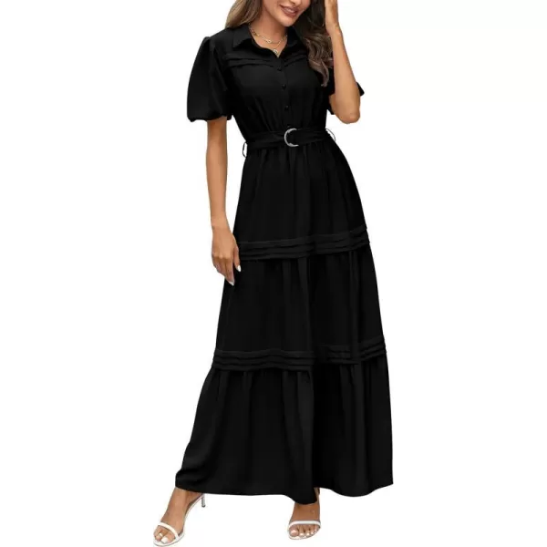 imagePRETTYGARDEN Womens Summer Maxi Dress Puff Short Sleeve Lapel V Neck Tiered A Line Flowy Elegant Party Dresses with BeltBlack