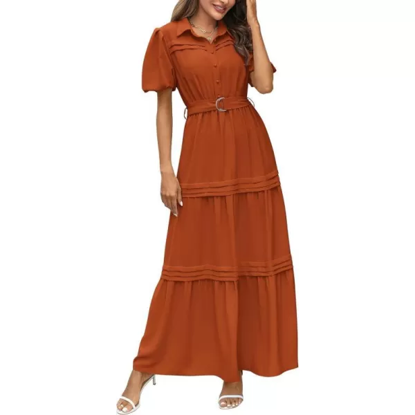 imagePRETTYGARDEN Womens Summer Maxi Dress Puff Short Sleeve Lapel V Neck Tiered A Line Flowy Elegant Party Dresses with BeltBrick Red