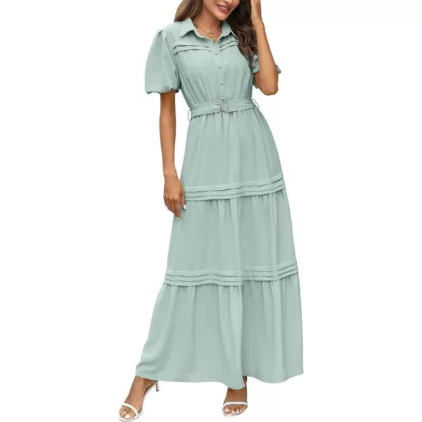 imagePRETTYGARDEN Womens Summer Maxi Dress Puff Short Sleeve Lapel V Neck Tiered A Line Flowy Elegant Party Dresses with BeltLight Green