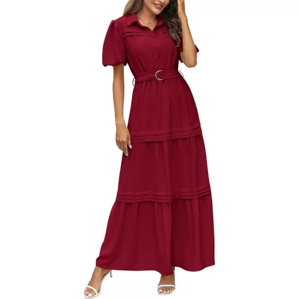 imagePRETTYGARDEN Womens Summer Maxi Dress Puff Short Sleeve Lapel V Neck Tiered A Line Flowy Elegant Party Dresses with BeltWine Red