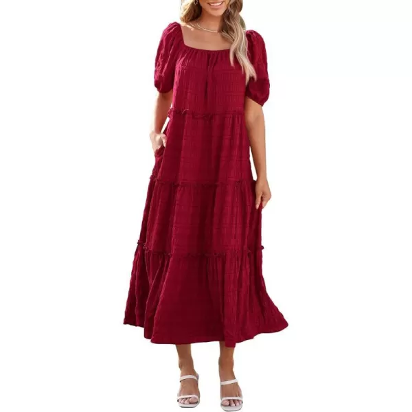 imagePRETTYGARDEN Womens Summer Maxi Dress Short Sleeve Square Neck Ruffle Tiered Flowy Casual Boho Long Dresses with PocketsWine Red
