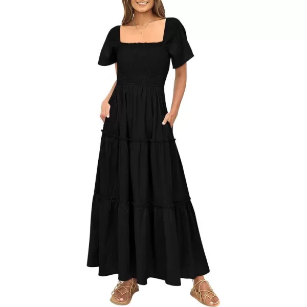 imagePRETTYGARDEN Womens Summer Maxi Dress Short Sleeve Square Neck Smocked Tiered Ruffle Long Flowy Boho Dresses with PocketsBlack