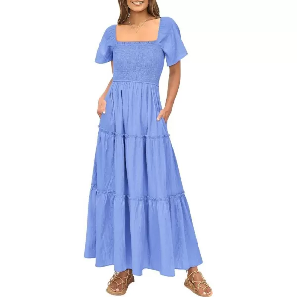 imagePRETTYGARDEN Womens Summer Maxi Dress Short Sleeve Square Neck Smocked Tiered Ruffle Long Flowy Boho Dresses with PocketsBlue
