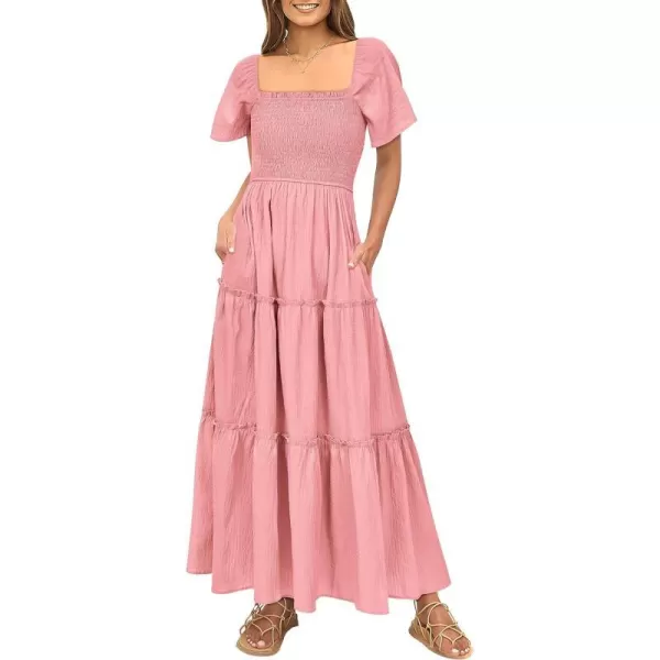 imagePRETTYGARDEN Womens Summer Maxi Dress Short Sleeve Square Neck Smocked Tiered Ruffle Long Flowy Boho Dresses with PocketsPink