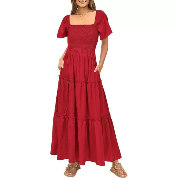 imagePRETTYGARDEN Womens Summer Maxi Dress Short Sleeve Square Neck Smocked Tiered Ruffle Long Flowy Boho Dresses with PocketsRed